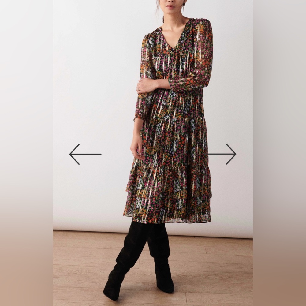 NWT BA&SH Silk Fiora Black Floral Midi Dress. Ba&sh Size 2, US Size M.